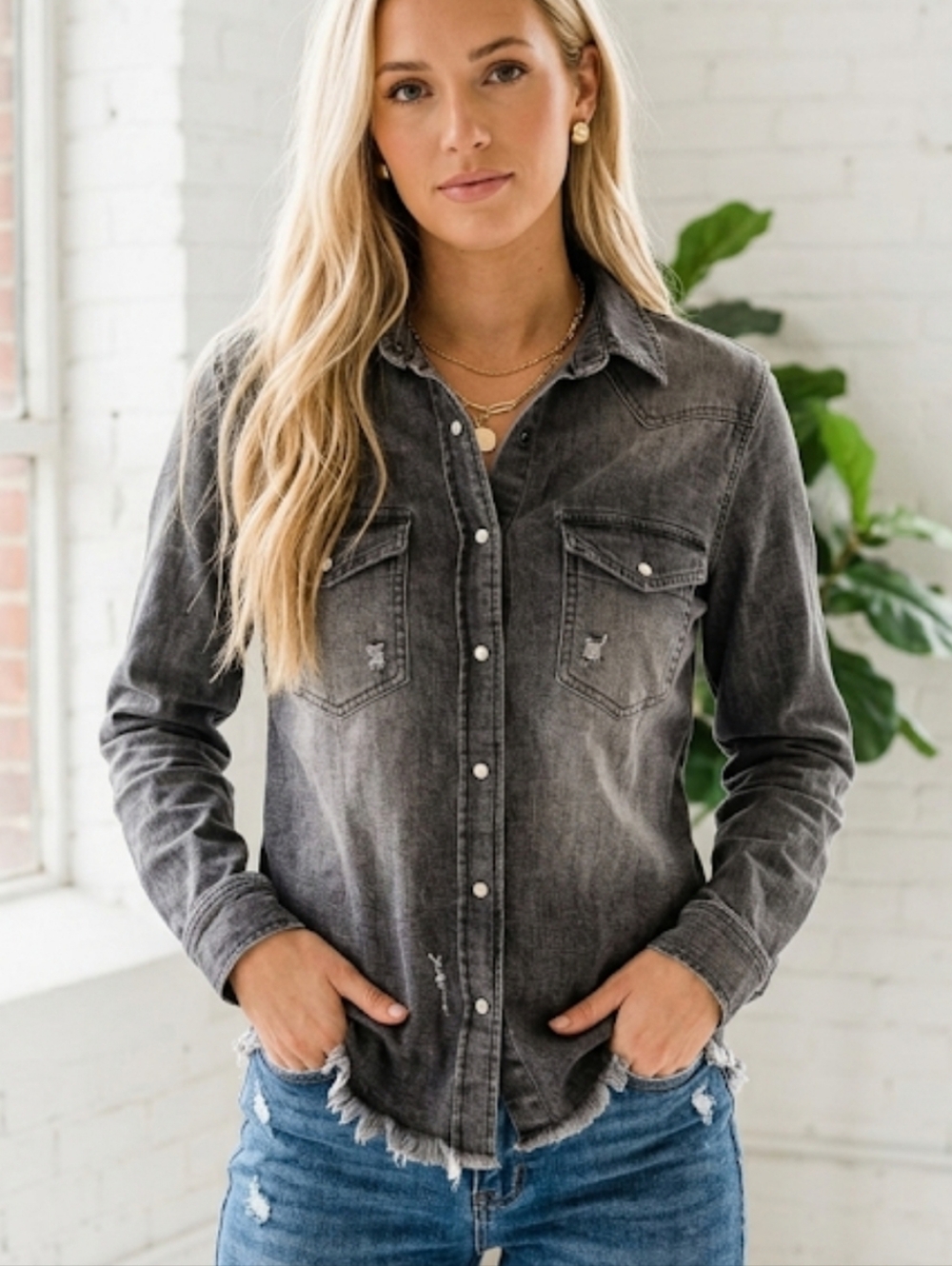 Risen Jeans Charcoal Frayed Hem Pearl Snap Western Shirt